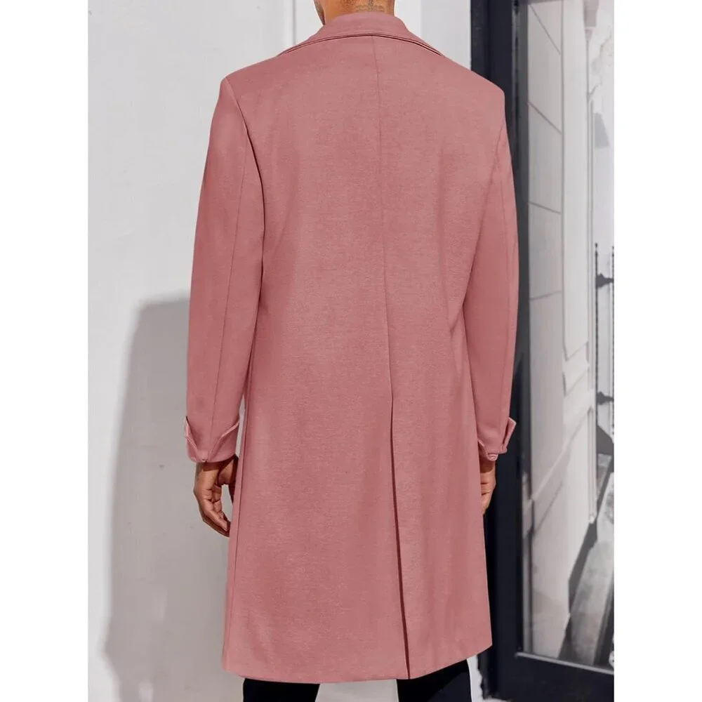Men's Pink Notch Lapel Double Breasted Long Trench Coat Cotton Blend Pea Coat